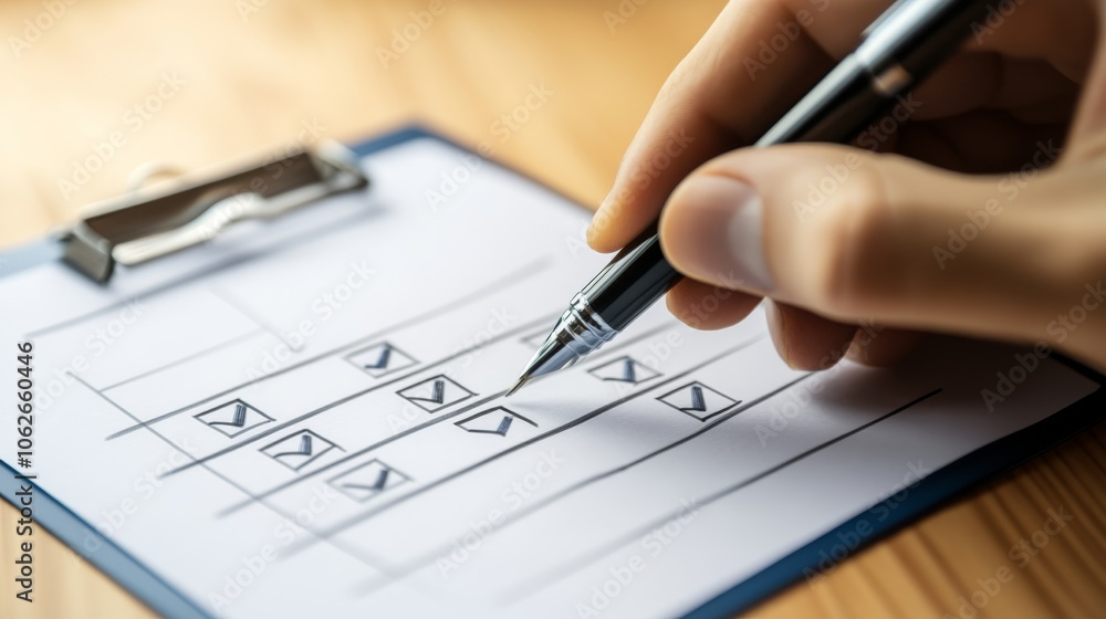 A hand checking off items on a checklist, demonstrating organization and task completion at a wooden desk. A hand checking off items on a checklist, demonstrating organization and task completion at a wooden desk.