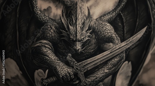 Hyperrealistic chicano style tattoo of a black dragon with bat wings and sword in hand photo