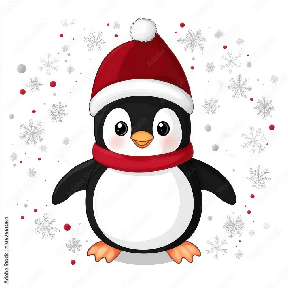 Cute cartoon penguin in a Christmas hat and scarf surrounded by snowflakes, perfect for festive designs and holiday themes. Cute cartoon penguin in a Christmas hat and scarf surrounded by snowflakes, perfect for festive designs and holiday themes.