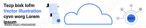 Cloud icon surrounded by documents, decentralized finance DeFi symbol with connecting nodes. Ideal for tech presentations, business reports, educational materials, websites, digital marketing, SaaS