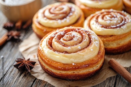 Sweet cinnamon rolls with frosting. Delicious pastries for breakfast or dessert.