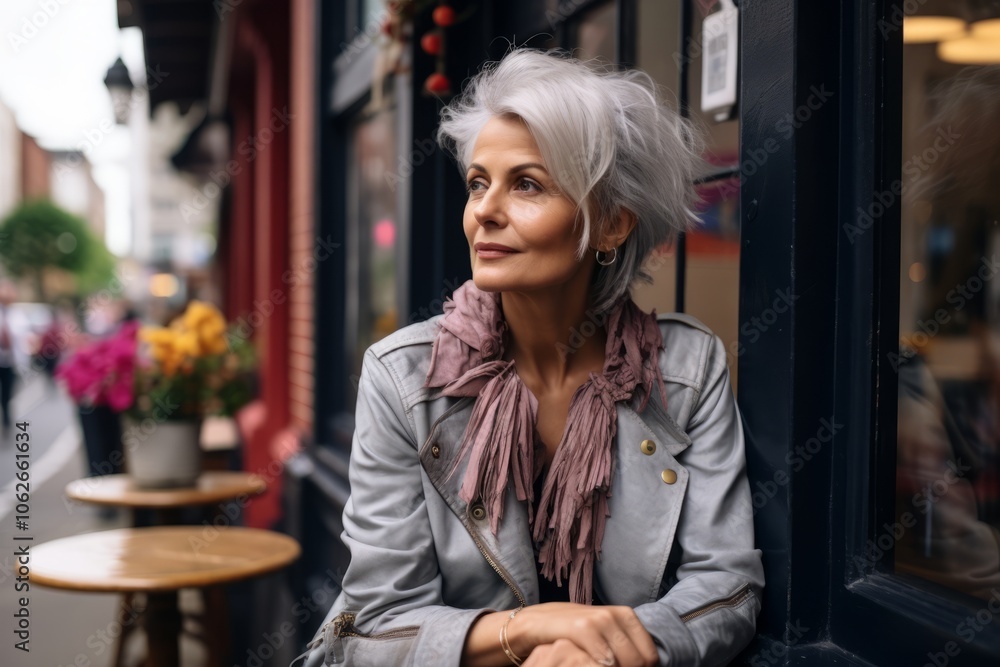 Portrait of a beautiful mature woman with gray hair on the street Portrait of a beautiful mature woman with gray hair on the street