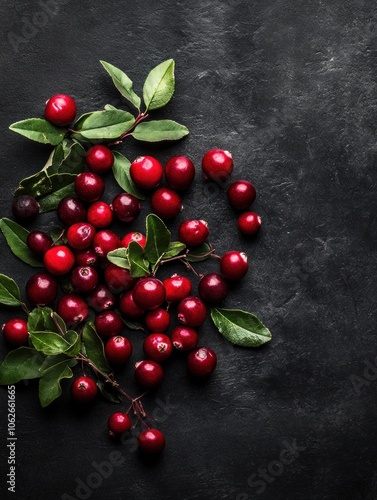 Red Berries with Green Leaves on a Black Background