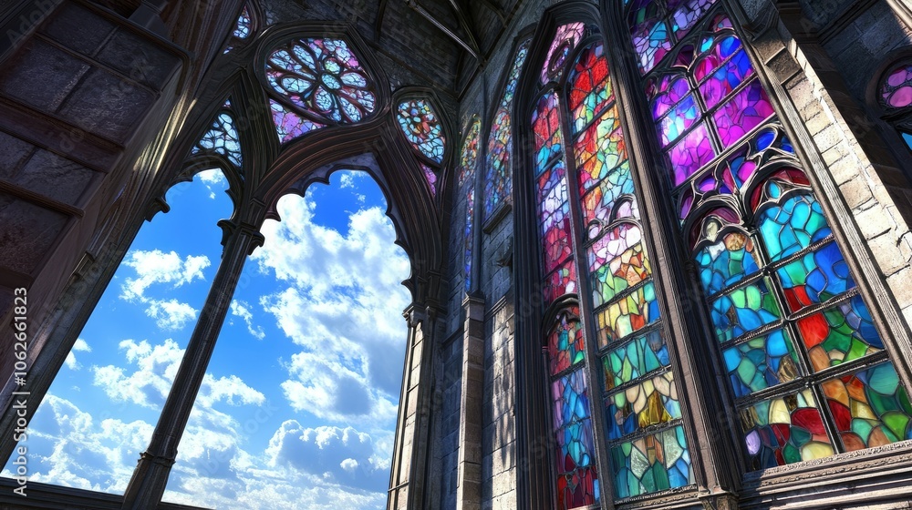 Colorful stained-glass windows in Gothic building, open sky Colorful stained-glass windows in Gothic building, open sky