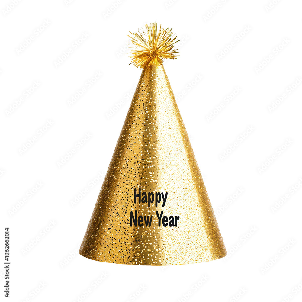 Glittery gold party hat with a pom-pom, featuring 'Happy New Year' text in black. Perfect for festive celebrations. transparent background