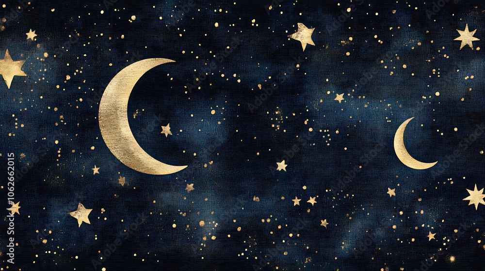 A seamless carpet pattern with celestial motifs of stars and crescent moons, in soft golden and silver hues on a dark blue-black background, creating a tranquil, starlit night ambiance, A seamless carpet pattern with celestial motifs of stars and crescent moons, in soft golden and silver hues on a dark blue-black background, creating a tranquil, starlit night ambiance,