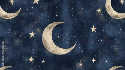 Wallpaper Mural A seamless carpet pattern with celestial themes, featuring delicate stars and crescent moons in muted silver on a dark, deep blue backdrop, soft and calming, Torontodigital.ca