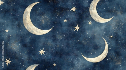 Wallpaper Mural A seamless carpet pattern with celestial themes, featuring delicate stars and crescent moons in muted silver on a dark, deep blue backdrop, soft and calming, Torontodigital.ca