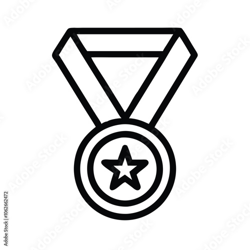 Award ribbon outline icon with star, Black and white outline icon of an award ribbon featuring a star in the center, isolated on a white background.