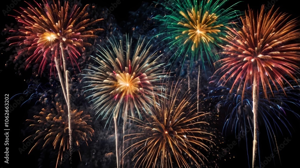 Obraz premium A burst of colorful fireworks exploding in the dark night sky. background fireworks exploding