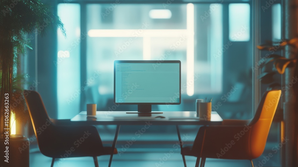 A modern workspace featuring a computer, two chairs, and plants, illuminated by soft light, creating a serene and inviting atmosphere. A modern workspace featuring a computer, two chairs, and plants, illuminated by soft light, creating a serene and inviting atmosphere.