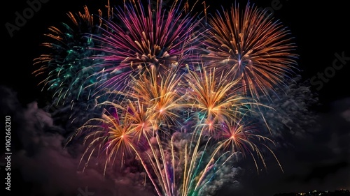 A burst of colorful fireworks exploding in the dark night sky. background fireworks exploding