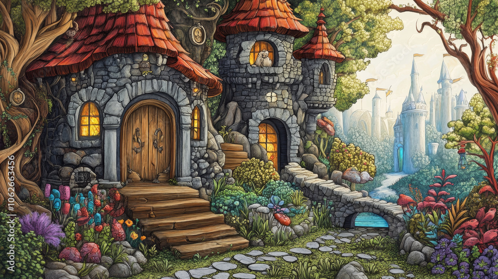 Obraz premium Include imaginative scenes like enchanted forests, magical castles, pirate ships, or fantasy islands. Add interactive elements like doors, paths, or treasure maps to enhance exploration and creativity
