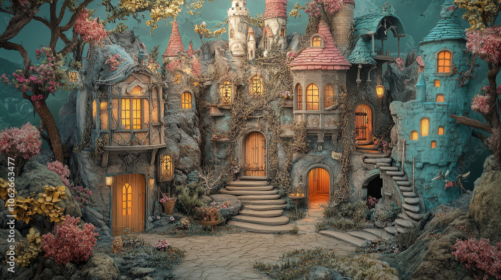 Obraz premium Include imaginative scenes like enchanted forests, magical castles, pirate ships, or fantasy islands. Add interactive elements like doors, paths, or treasure maps to enhance exploration and creativity