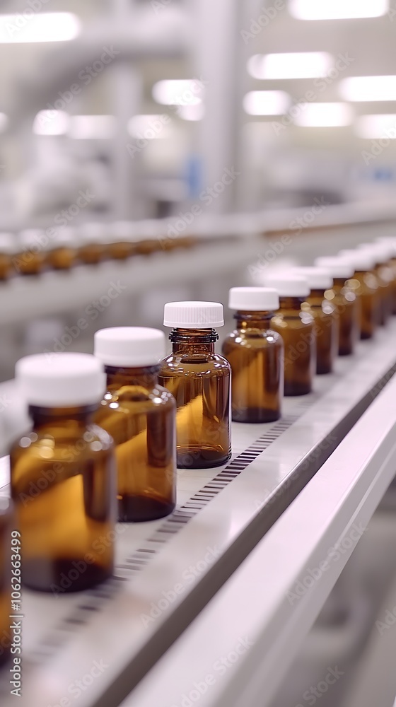 Row of amber bottles on a production line in a modern pharmaceutical facility. Row of amber bottles on a production line in a modern pharmaceutical facility.
