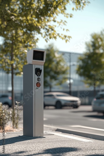 Automated car park barrier with recording cctv camera under bright sunlight conditions