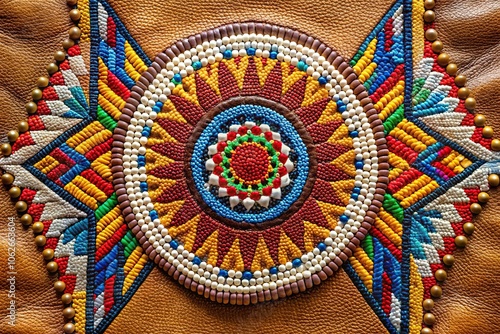 Wide-angle shot of Native American beadwork art on leather fabric
