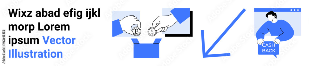 Hand placing coins in box, laptop screen, arrow, person holding Cashback sign. Ideal for e-commerce, financial apps, marketing, investing, rewards programs, retail, customer engagement. Landing page Hand placing coins in box, laptop screen, arrow, person holding Cashback sign. Ideal for e-commerce, financial apps, marketing, investing, rewards programs, retail, customer engagement. Landing page