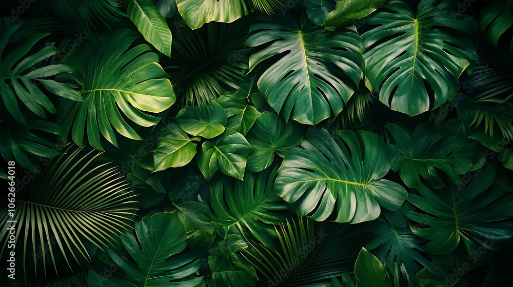A seamless carpet with layered palm leaves and jungle foliage, vibrant and deep greens, gentle highlights creating a natural depth, tropical ambiance, with high-definition detail in each leaf pattern. A seamless carpet with layered palm leaves and jungle foliage, vibrant and deep greens, gentle highlights creating a natural depth, tropical ambiance, with high-definition detail in each leaf pattern.