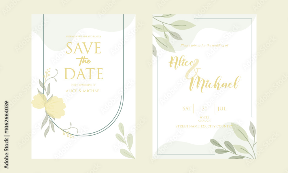 Obraz premium Elegant greenery on wedding invitation card template