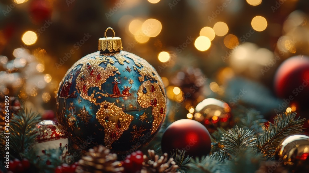 Fototapeta premium A Mesmerizing Close-Up View of a Christmas Bauble Shaped Like a Globe, Radiating Festive Charm and Global Celebration