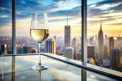 A single serving glass of white wine on a modern minimalist table with a stunning cityscape view, design, architecture photo