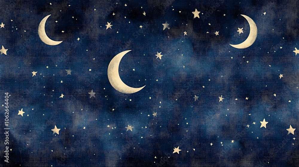 Naklejka premium A seamless celestial carpet pattern featuring soft stars and crescent moon motifs in dark navy and midnight blue, with subtle gradients and gentle glow, capturing a peaceful night sky feel,