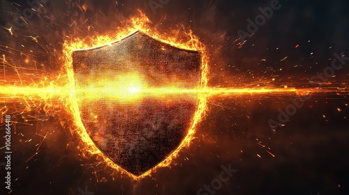 Wallpaper Mural Digital Protection. Firewall. Computer Security. Digital Shield. Firewall in the form of a glowing shield with sparks. Cybersecurity. Network security. Internet security. Torontodigital.ca