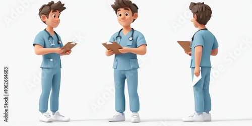 3D Cartoon Male Doctor in Blue Scrubs Holding Clipboard photo