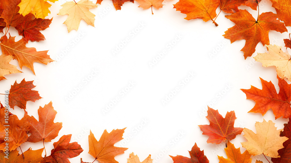A vibrant arrangement of autumn leaves frames a clean white background, featuring rich hues of orange, red, and yellow. Maple leaves of various sizes encircle the empty center, creating a warm, A vibrant arrangement of autumn leaves frames a clean white background, featuring rich hues of orange, red, and yellow. Maple leaves of various sizes encircle the empty center, creating a warm,