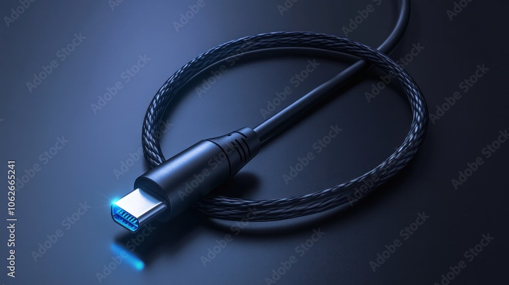 A glowing USB cable on a dark surface, showcasing its design. A glowing USB cable on a dark surface, showcasing its design.