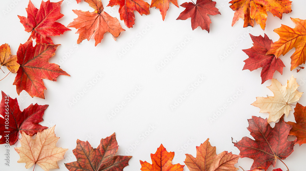A beautiful display of autumn leaves forms a border around a blank white background, highlighting fiery reds, warm oranges, and glowing yellows. Each maple leaf is detailed with veins and textures, A beautiful display of autumn leaves forms a border around a blank white background, highlighting fiery reds, warm oranges, and glowing yellows. Each maple leaf is detailed with veins and textures,