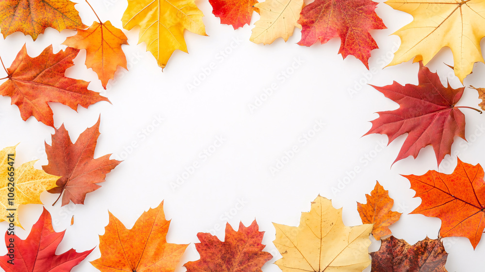 An inviting autumn frame of maple leaves in shades of red, yellow, and orange encircles a pristine white background. Each leaf’s details, from the veins to the subtle color gradients, create a warm, An inviting autumn frame of maple leaves in shades of red, yellow, and orange encircles a pristine white background. Each leaf’s details, from the veins to the subtle color gradients, create a warm,