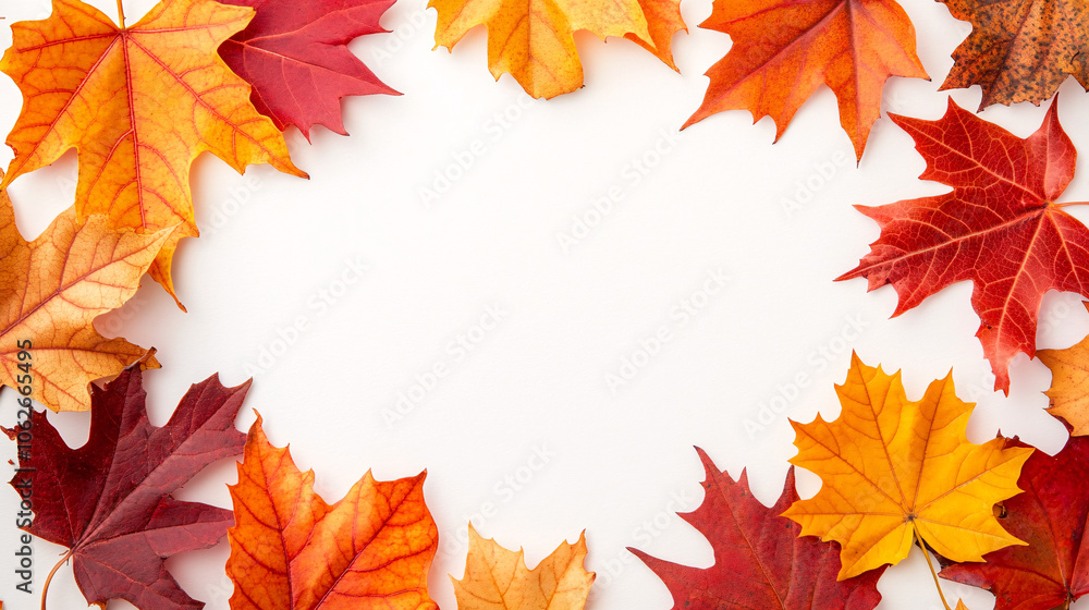 A beautiful display of autumn leaves forms a border around a blank white background, highlighting fiery reds, warm oranges, and glowing yellows. Each maple leaf is detailed with veins and textures, A beautiful display of autumn leaves forms a border around a blank white background, highlighting fiery reds, warm oranges, and glowing yellows. Each maple leaf is detailed with veins and textures,