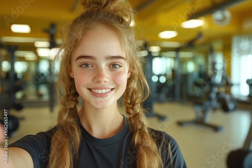 Fitness Selfie: Young Woman Flexing Muscles in Gym with Smartphone