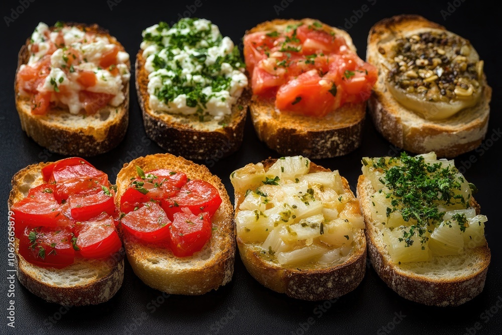 Variety of bruschetta with toppings. Perfect for an Italian food blog or website. Variety of bruschetta with toppings. Perfect for an Italian food blog or website.