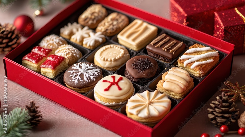 Christmas bakery treats displayed in a vibrant biscuit box adorned with festive decorations, perfect for holiday celebrations Christmas bakery treats displayed in a vibrant biscuit box adorned with festive decorations, perfect for holiday celebrations