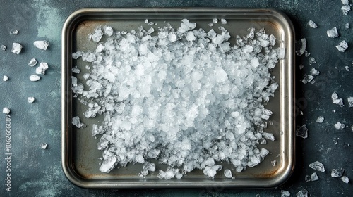 Shiny crushed ice pieces on a metal tray, top view with room for copy