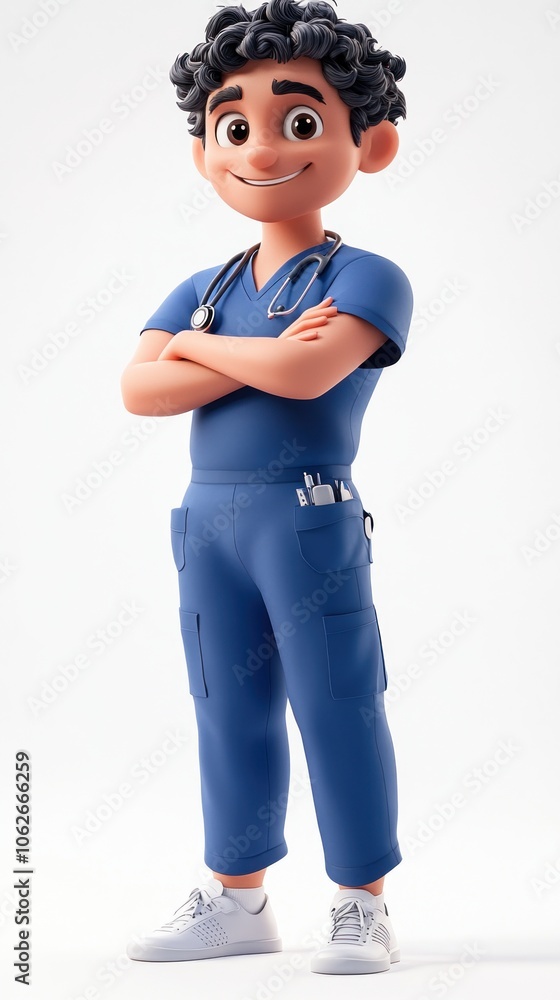 A Cartoon Doctor in Blue Scrubs With a Stethoscope A Cartoon Doctor in Blue Scrubs With a Stethoscope