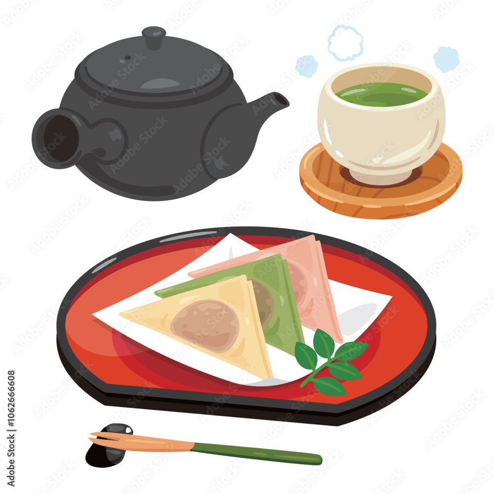 皿に盛られた三色の生八ツ橋とお茶セット 皿に盛られた三色の生八ツ橋とお茶セット