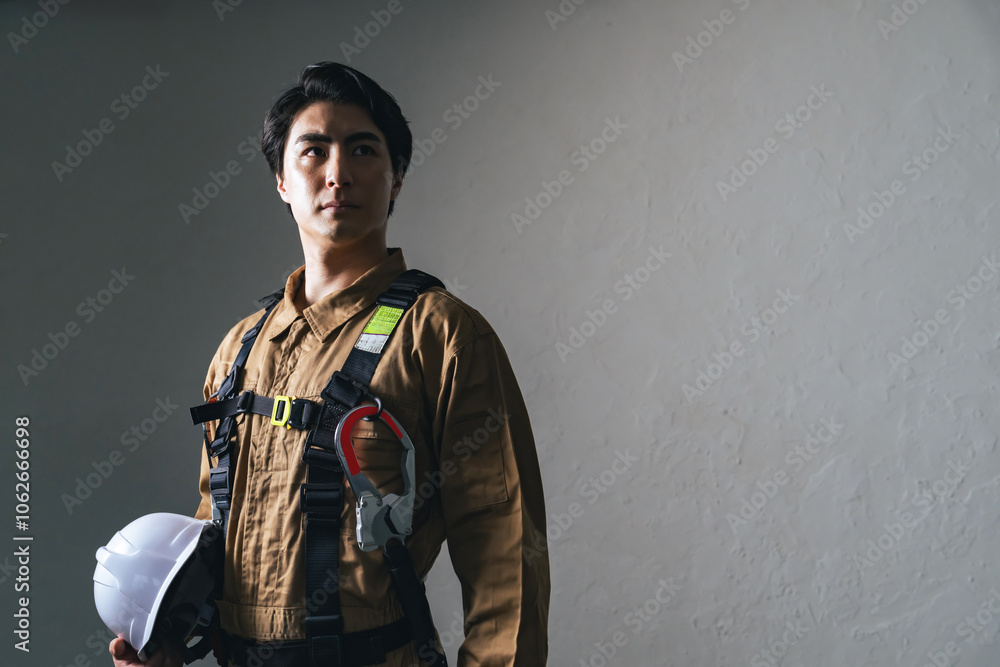 Bild auf Leinwand 作業員、工事、フルハーネス、男性、日本人、建設、現場、仕事、チャレンジ、挑戦、目標、モチベーション、ポジティブ、努力、転職、人材、危険、安全、ヘルメット、働く、