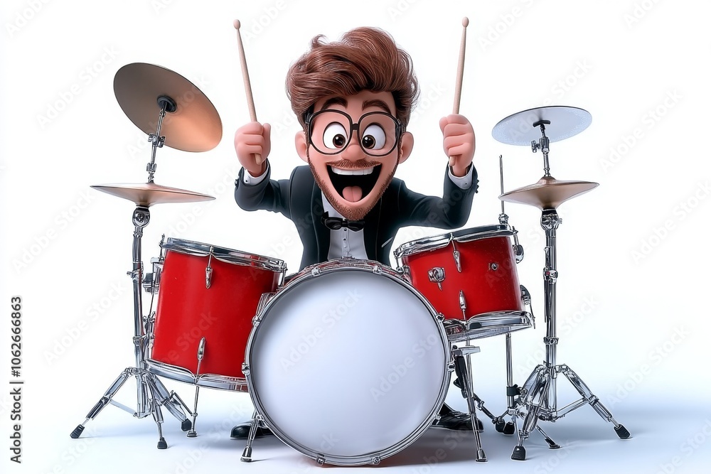Fototapeta premium a 2D cartoon illustration of a jazz drummer with a band swinging and fun white background