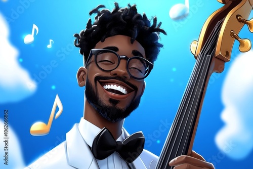 a 2D cartoon illustration of a jazz bassist grooving in a small club smooth and rhythmic white background