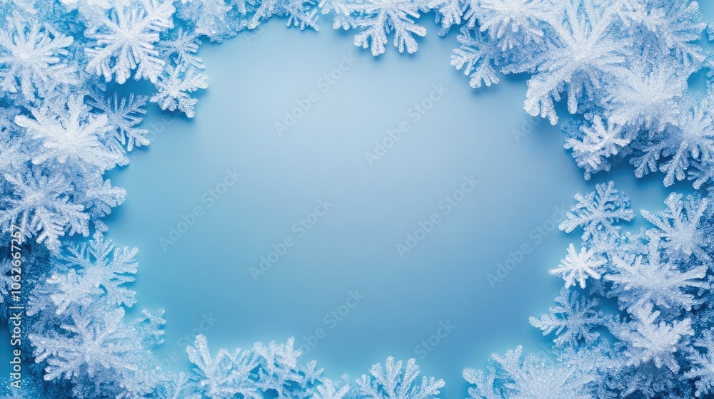 Snowflakes with frosty details, blank area in blue gradient for text Snowflakes with frosty details, blank area in blue gradient for text