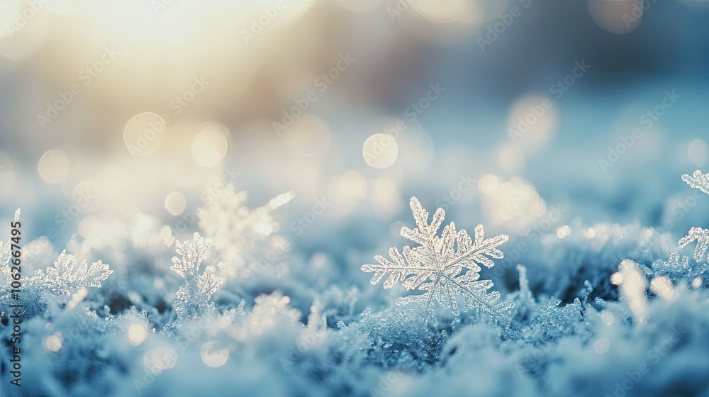Soft snowflakes scattered on frosty background, ample copy space Soft snowflakes scattered on frosty background, ample copy space