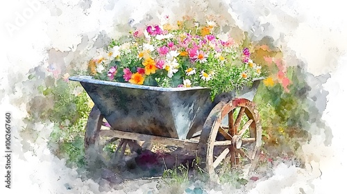 Watercolor Artistic using soft, brushy watercolor strokes, Soft Color, Single object picture - a small decorative garden wheelbarrow filled with flowers