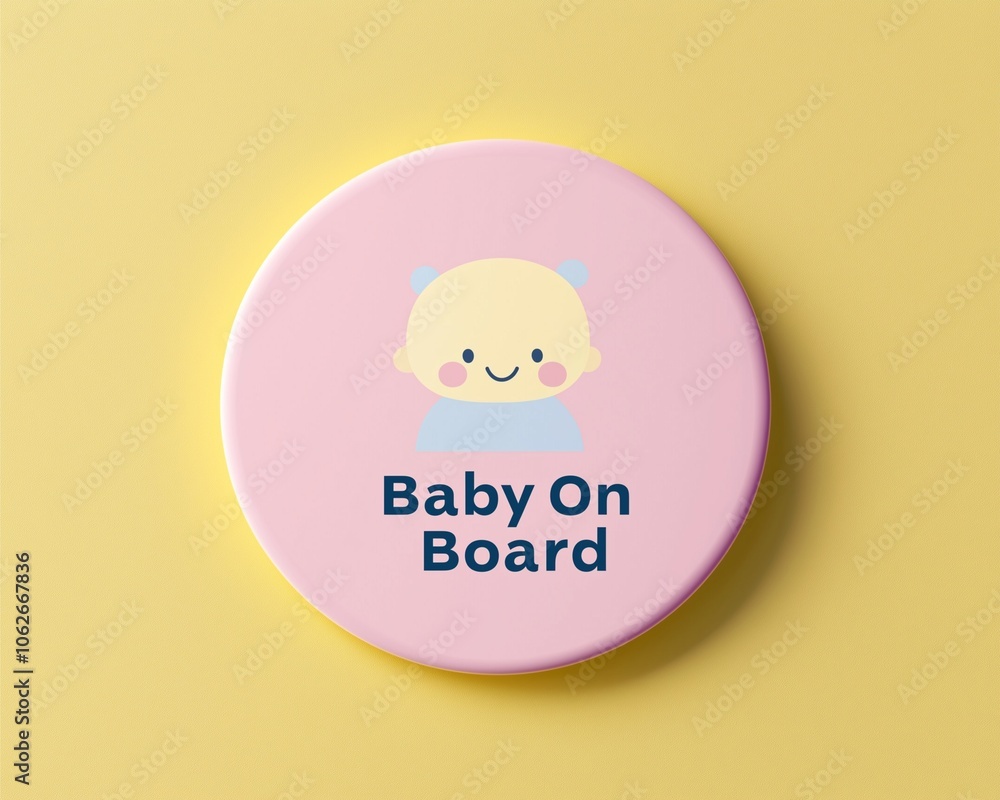 A cute pink button features a smiling baby illustration with the text A cute pink button features a smiling baby illustration with the text