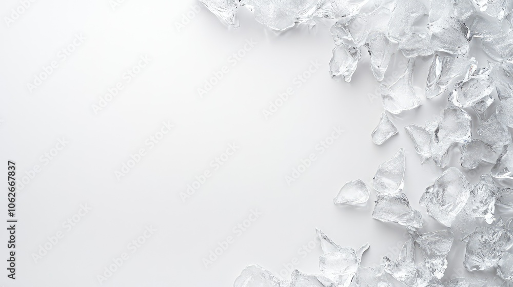 Spread of frosty ice chips on smooth white surface, copy space in upper half Spread of frosty ice chips on smooth white surface, copy space in upper half