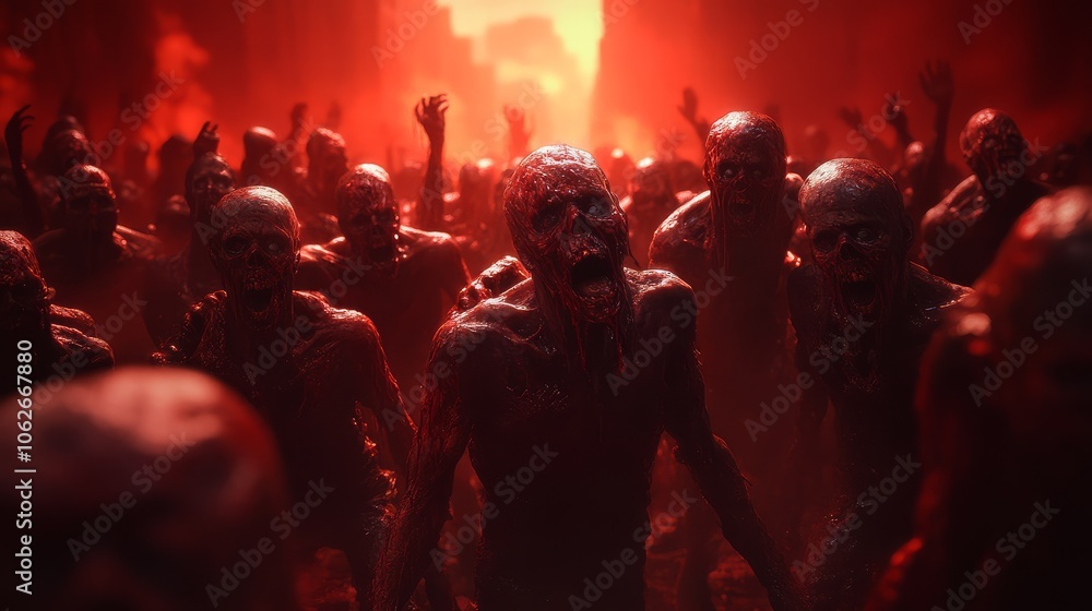 Fototapeta premium Red-hued zombies launch an aggressive attack in a post-apocalyptic environment.