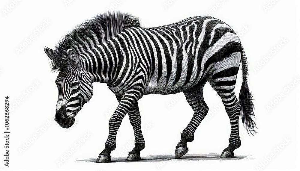 Fototapeta premium a zebra full body, sketch engraving illustration. Scratch board imitation. Black and white image.